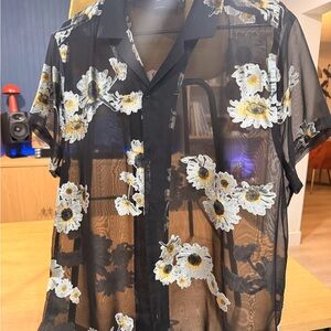ASOS Black Sheer Button-Up Shirt with White and Yellow Floral Embroidery